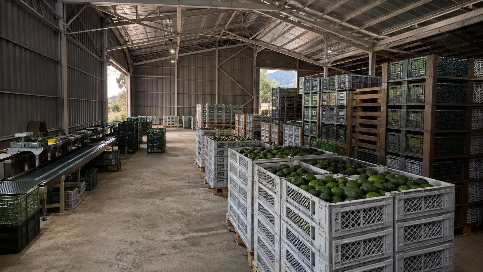 Representación editorial de paltas almacenadas y ordenadas en una bodega de distribución
