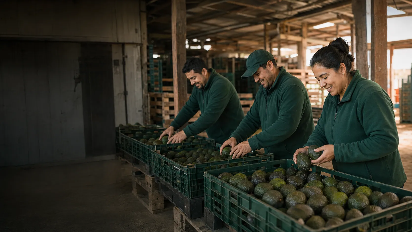 Personas seleccionando paltas en una bodega, en una representación editorial
