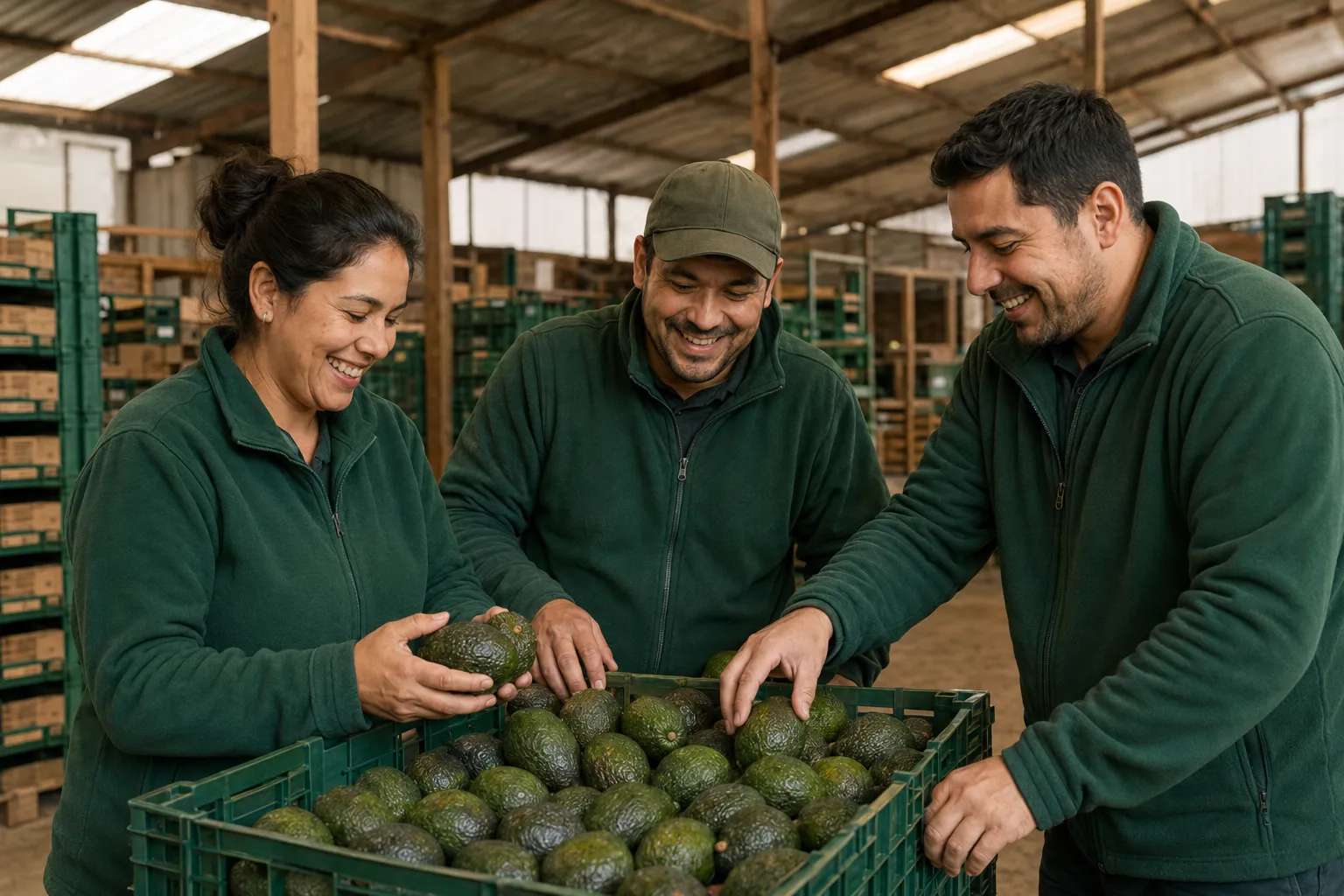 Personas seleccionando paltas en una bodega, en una representación editorial