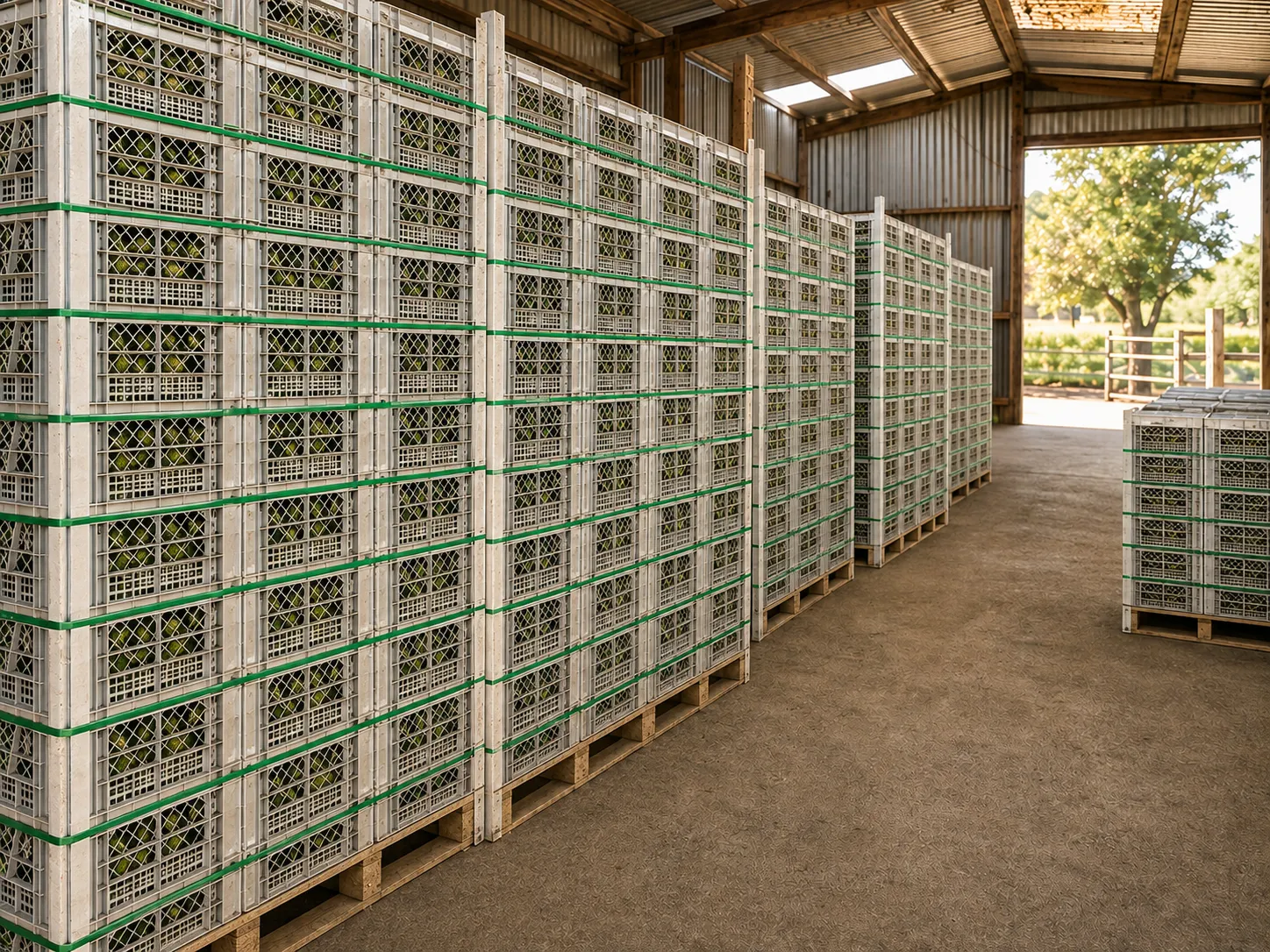 Representación editorial de pallets con cajas de paltas en una bodega