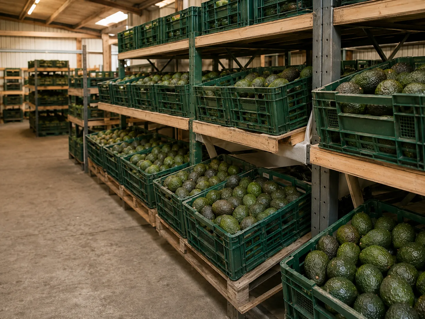 Cajas con paltas organizadas en estanterías de bodega