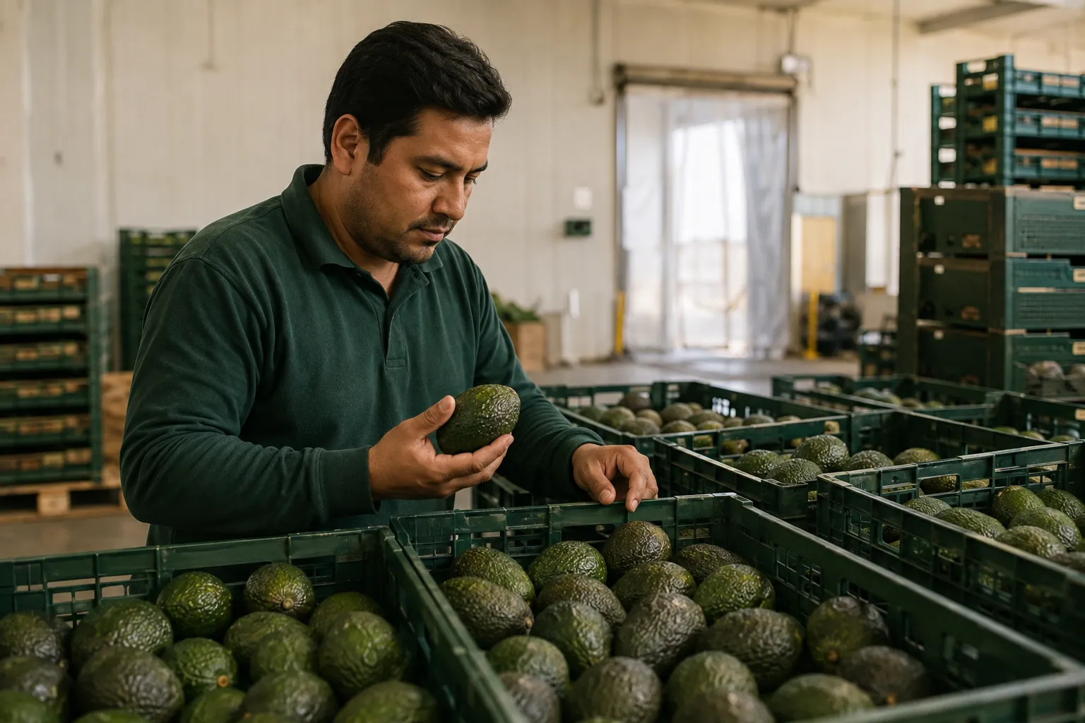 Persona revisando paltas Hass en una bodega de distribución