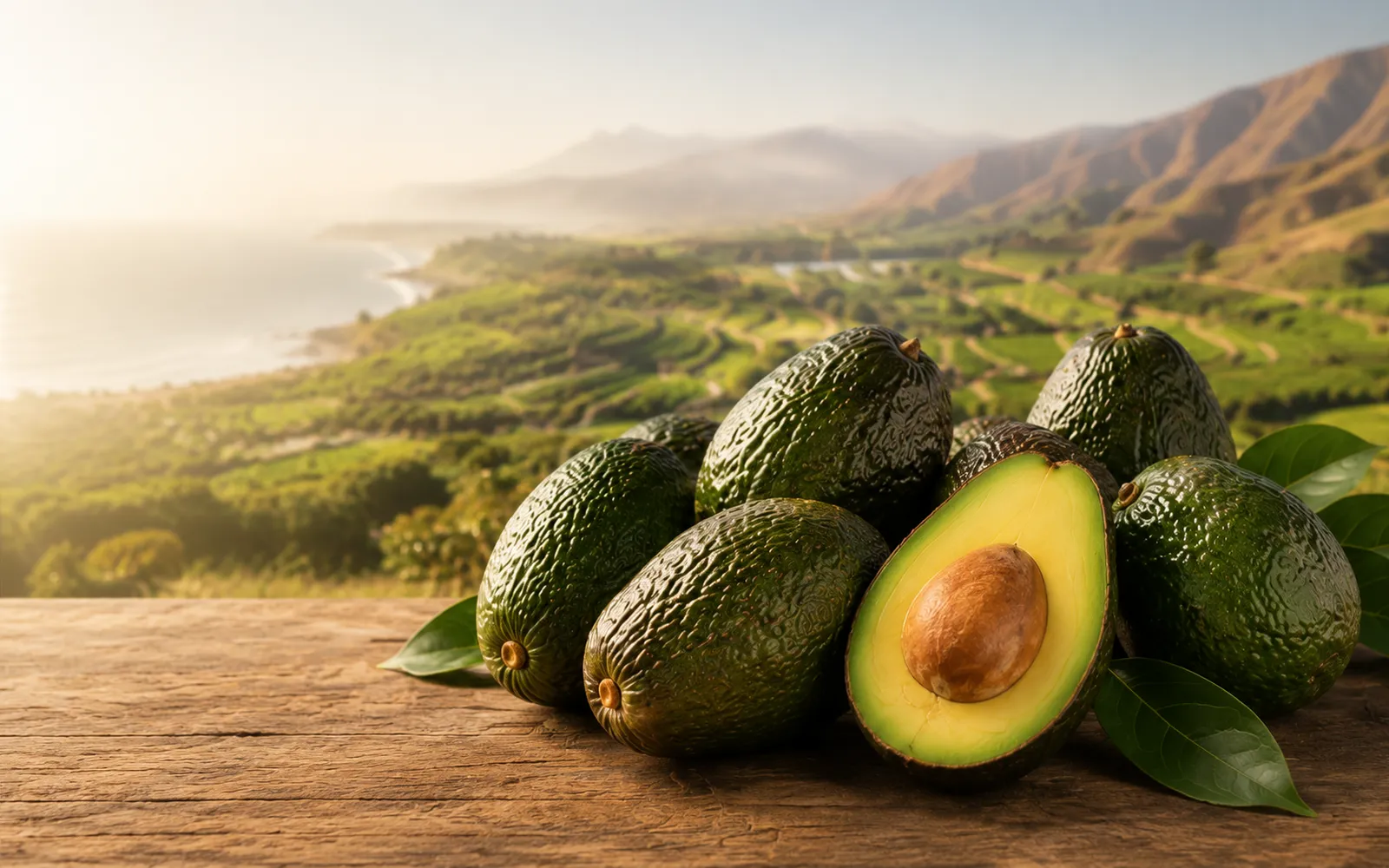 Paltas Hass con paisaje agrícola peruano de referencia